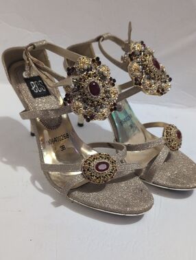 Gold Glitter Jewel-Embellished Strappy Heels